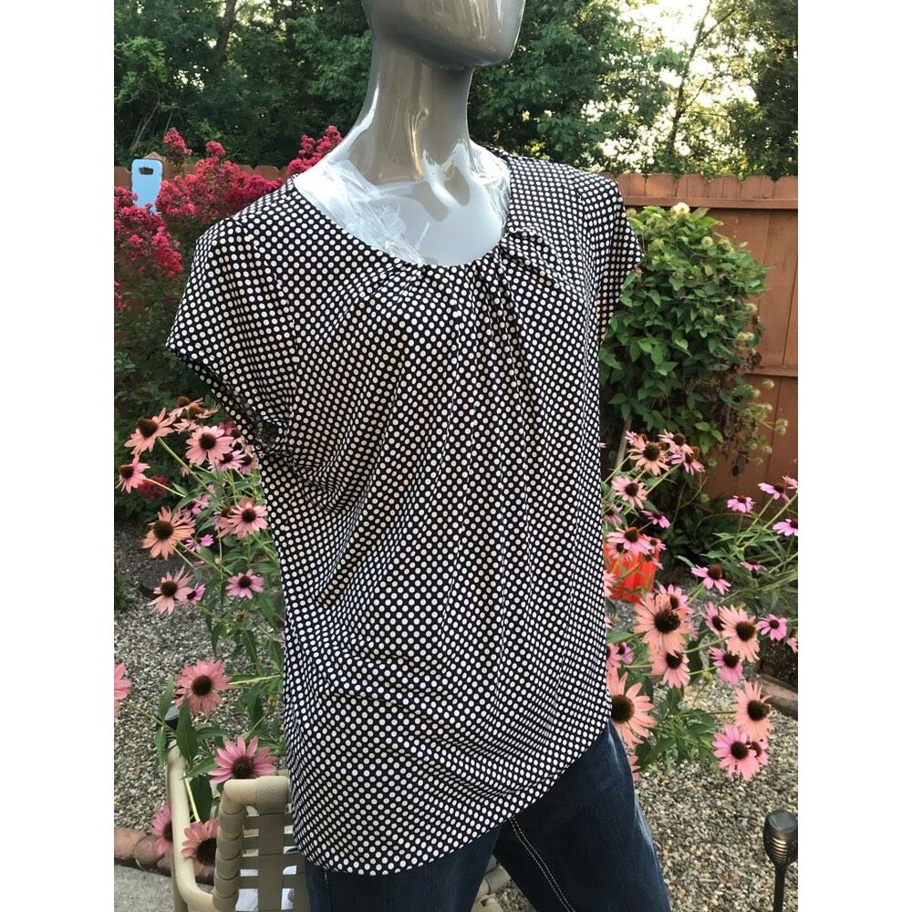 Worthington Womens Popover Top Black White Polka Dot Cap Sleeve Pleated Plus 1X